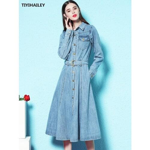 TIYIHAILEY 2021 New Fashion S-L Dresses For Women Long Mid-calf Single Breasted Dresses With Belt Full Sleeve Spring Autumn