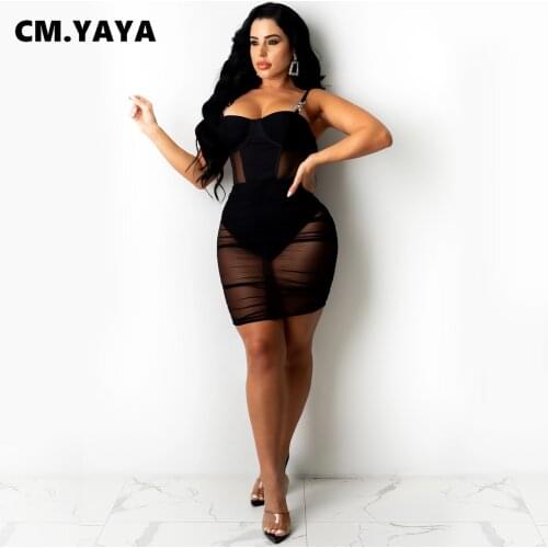 CM.YAYA Women Mini Dress Mesh See-through Sleeveless Strap V-neck Stacked Bodycon Dresses Sexy Night Party Vestidos Summer 2021