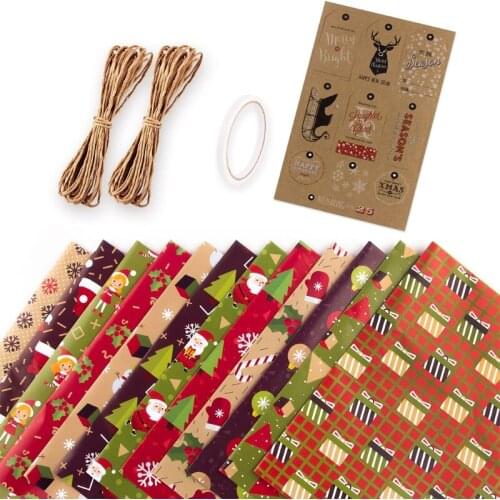 1 Set Christmas Element Gifts Wrapping Paper DIY Handmade Present Packing Kraft Wraps for Xmas Party Holiday Wedding