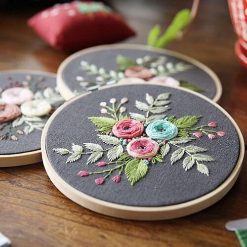 1set DIY Embroidery Flower Handwork Needlework for Beginner Cross Stitch Kit Ribbon Painting Embroidery Hoop Home Decoration
