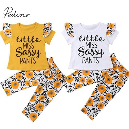 2019 Brand New Toddler Kid Baby Girl Little Miss 2PCS Outfits Clothing Set Short Sleeve Cotton T-shirt Tops Floral Pant Set 0-5Y