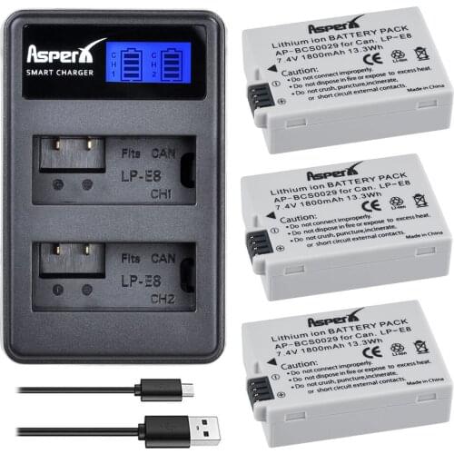 3Pcs 1800mAH LP-E8 LPE8 LP E8 Battery Batterie AKKU + LCD Dual Charger for Canon EOS X4 X5 X6i X7i T2i T3i 550D 600D 650D 700D