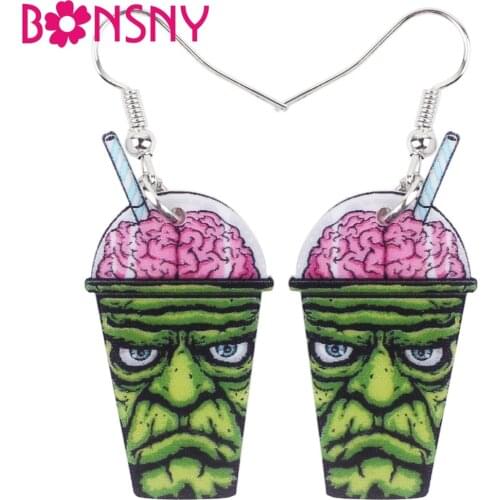 Bonsny Acrylic Halloween Green Zombie Drink Earrings Big Long Dangle Drop Novelty Jewelry For Girls Women Ladies Party Statement