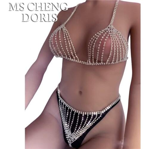 Body Bra Body Chain Bikini Harness Sparking Summer Beach Bra Thong Set Jewelry Sexy Belly Chains Rhinestone Punk Copper