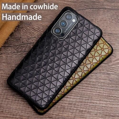 Genuine Leather Phone Case For OPPO Reno 4 3 R17 R15 Pro Find X2 Lite 5G Luxury Natural Cowhide Skin Triangle Texture Back Cover