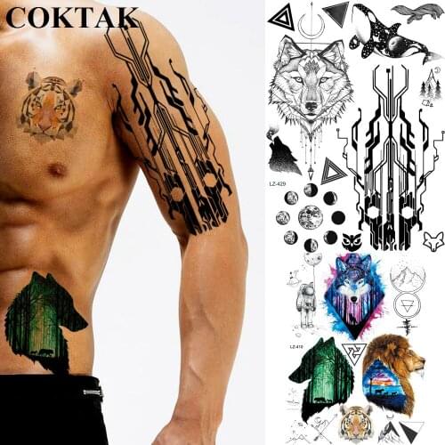 COKTAK Geometric Wolf Circuit Whale Planet Temporary Tattoo Sticker Black Waterproof Tatoos Body Art Arm Ankle Fake Tattoo Decal