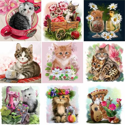 HUACAN 5D DIY Diamond Painting Cross Stitch Cat Flower Diamond Mosaic Animal Embroidery Kit Full Square Round House Decoration
