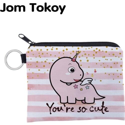 Jomtokoy Cute Stripe Dinosa Printing Waterproof Purse Card Key Pouch Small Zipper Coin Purse Card Holder Mini Square Wallet