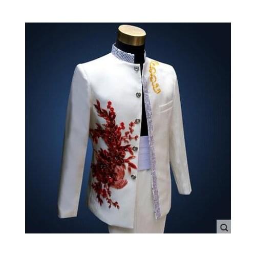 Singer dance embroidered sequins men suit set with pants mens wedding suits costume groom formal dress stand collar stage white