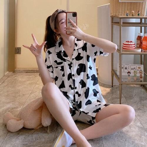 2021 Summer Ladies Pajamas Suit Thin Sweet Short-Sleeved Shorts Cardigan Two-Piece Cute Cartoon Home Service Girls Lingerie