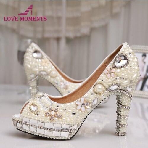 Fashion Ivory Pearl Dress Shoes Peep Toe Women Rhinestone Bridal Shoes Wedding High Heel Shoes Party Prom Shoes 4 Inches Heel