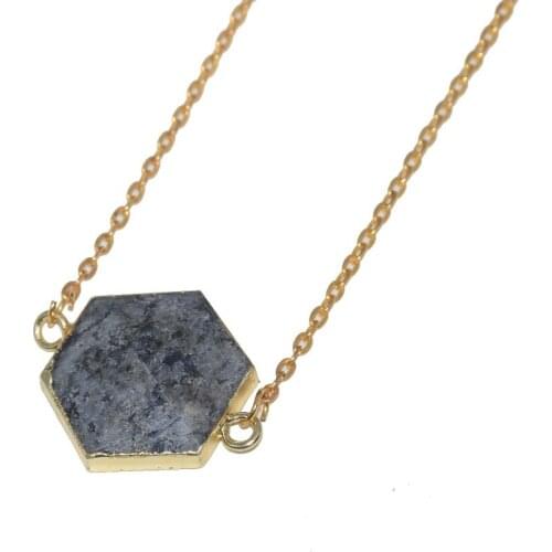 Fashion Jewelry Blue Crystal Quartz hexagonal pendant gold chain necklace 2019 natural gem stone connector chain necklace men