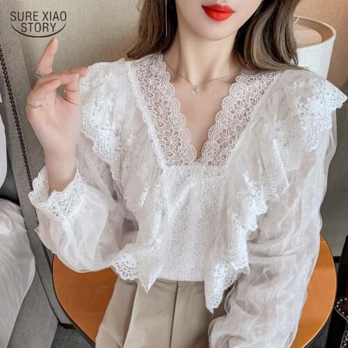 Fashion V Neck Women Shirts Long Sleeve Spliced Lace Blouse Sweet Hollow Out Ruffles Tops Blouse Autumn White Tops Blusas 16846