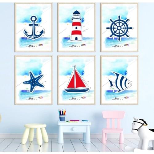 Sea Beach Ship Fish Starfish Anchor Lighthouse Wall Art Canvas Painting Nordic Posters And Prints Wall Pictures Kids Room Decor