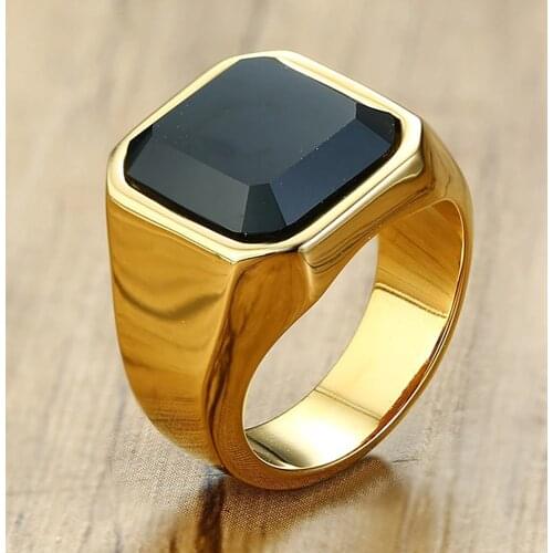 Big Black gemstone agate mens rings gold & silver color titanium stainless steel concise fashion cool bague anillos jewelry