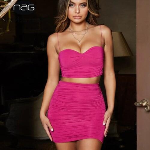 NewAsia 2 Layers Ruched Two Piece Set Pink Outfits Set Crop Top And Mini Skirt Set Summer Party Wear Sexy Two Piece Outfits