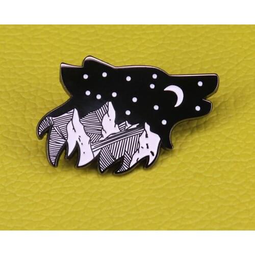 Night sky howling wolf badge mountain landscape pin nature gift animal jewelry