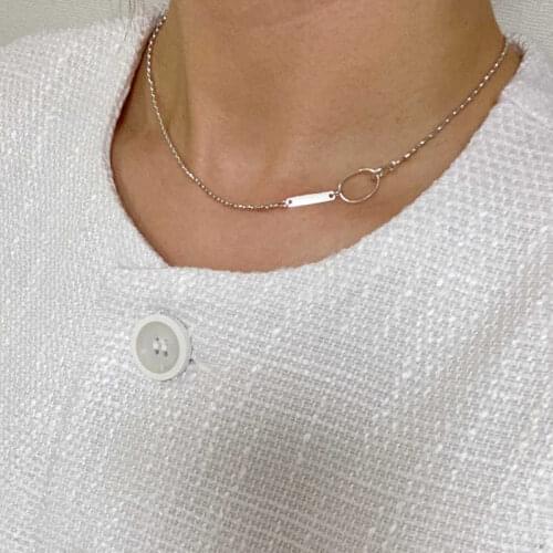 18K Gold 100% Authentic 925 Sterling silver Oval Olive Beads Chain necklace Script letter Vertical Bar Pendant C-B966