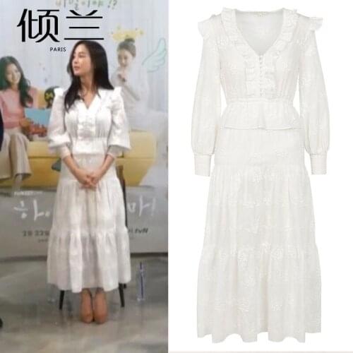 Patads French spring and summer lady Palace Style Embroidered Ruffle V-neck Kim Tae hee dress