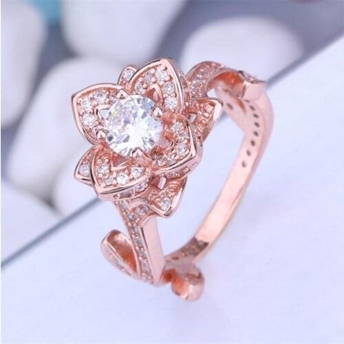 Drop Shipping High Quality Vintage Jewelry 925 Silver&Rose Gold Fill Round Cut White 5A Cubic Zircon Flower Women Wedding Ring