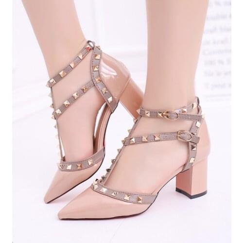 Summer new style pointed patent leather rivet buckle sandals thick heel medium heel show thin foreign trade womens shoes
