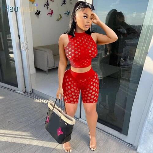 HAOYUAN Mesh Sheer Two Piece Set Sleeveless Crop Top Biker Shorts Summer Vacation Outfit Tracksuit Sexy Hollow Club Matching Set