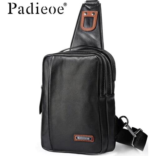 Padieoe Messenger Bags summer Mens Genuine Leather Shoulder Bag Male Designer Chest Pack sling Cowhide Travel Sling Bag for Men
