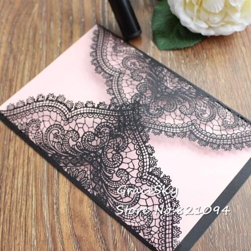 50pcs Laser Cut Birthday Wedding Invitations cards European style Lace design with text customized, gold white black 25 colors