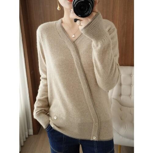 Zocept Spring Autumn Womens Casual Loose Combed Merino Wool Knitted V-Neck Sweater All-match Fake Two-piece Design Pullover Top