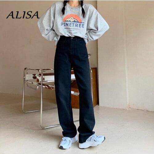 Korean Streetwear High Waist Baggy Straight Leg Pants Women Balck Jeans Vintage Autumn Winter Casual Wide Leg Jeans Pants
