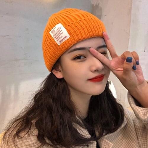 Autumn Winter Knitted Wool Hat Women Fashion Korean Warm Solid Orange Yellow White Pink Red Blue Black Grey Casual Knitted Hats