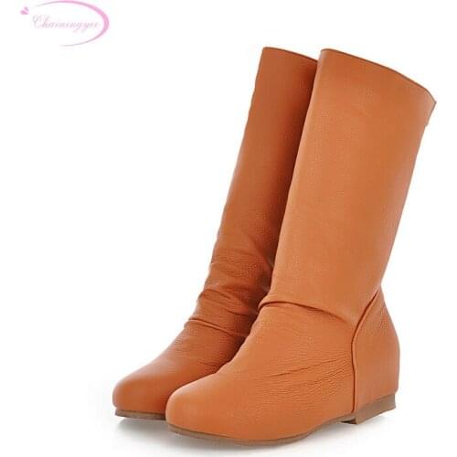 Chainingyee simple sweet style comfortable round toe mid-calf boot black white yellow med with increasing women motorcycle boots