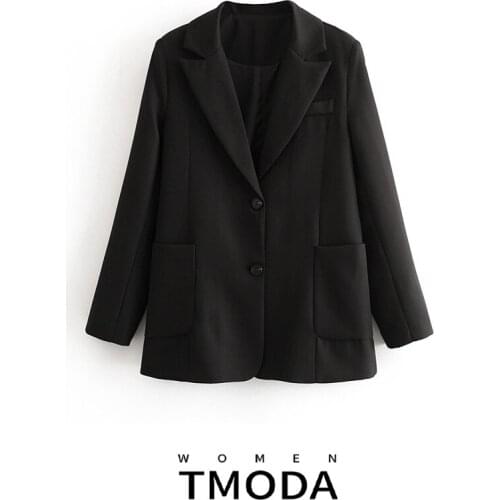 TMODA624 2021 Spring Autumn Black Two Pockets Blazers Jacket Womens Formal Blazer Ladies Button Suit Jacket Loose Coat