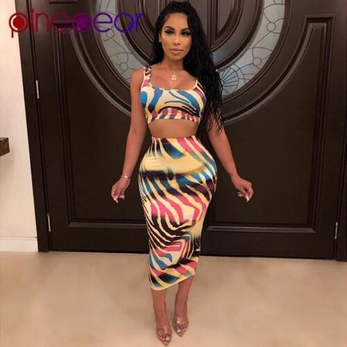 PinePear Colourful Wave Print Crop Top Dress 2 Piece Sets Women 2020 Summer Hollow Out Bodycon Beach Long Dress Drop Shipping