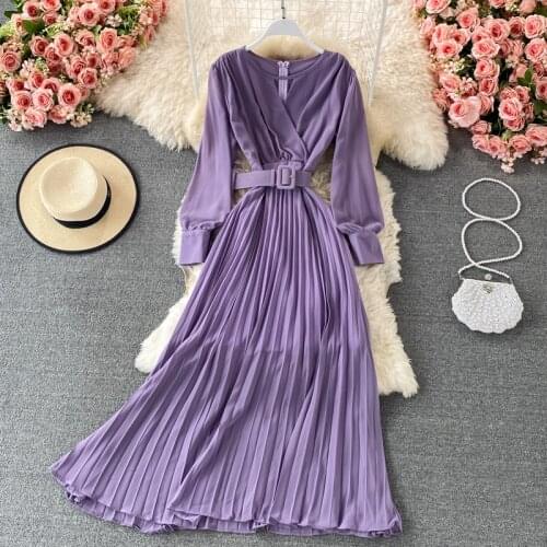 Women Purple/Red Hollow Out Pleated Long Dress Vintage Round Neck High Waist Draped Maxi Vestidos Female Spring Summer 2021 New