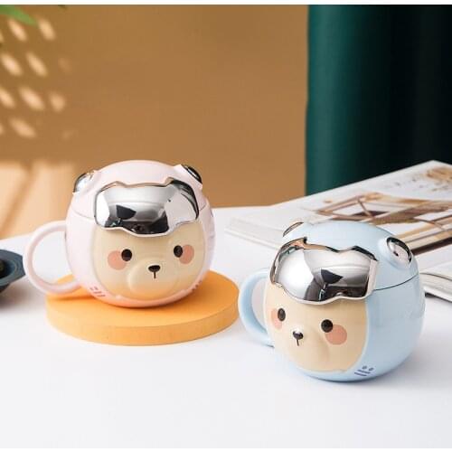 1pcs Astronaut Helmet Cup Lid Bear Ceramic Cup Young Men and Women Mug Coffee Cup Cartoon Plating Texture Matching