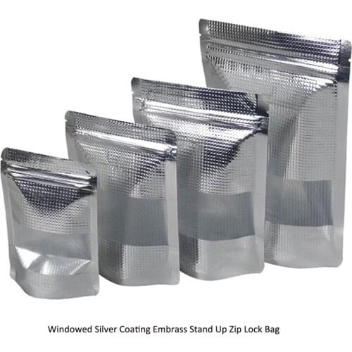 100pcs In/ 6sizes Windowed Silver Coating Embrass Stand Up Zipper lock Bag Self Seal Food Storage Retail Packaging Pouch