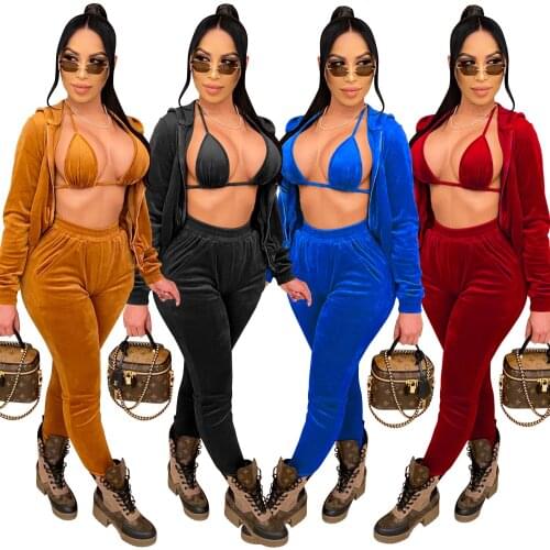 3 Pcs/set Velvet Sexy Sets Women Long Sleeve Top Hoodie Suit With Bra Long Pants Fall Winter Clothes 2020 Club Birthday Outfit