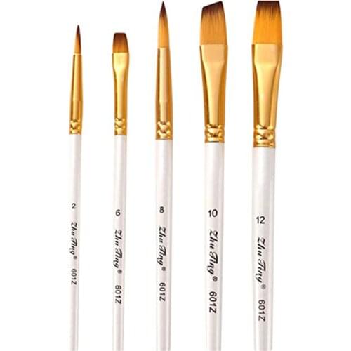 5pcs Paint Brushes Set Nylon Hair Wood Handle White Variety Styles for Watercolor, Acrylics, Ink, Gouache, Oil, Art Painting