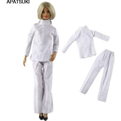 White Doll Clothes Set for Barbie Doll Outfits Long Sleeve Tops + Long Pants Cook Clothes DIY Cosplay Party Costume 1/6 BJD Doll