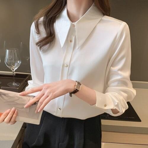 2021 Korean Fashion Chiffon Blouses Women Buttons Satin Shirt Long Sleeve Ladies Office Blusas White Casual Shirts Tops Clothing