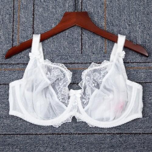 Ultra-thin Womens Full Coverage Minimizer Bra Non-padded Lace Floral Embroidery Unlined Bra Lingerie for Woman 42 FF GG J JJ K