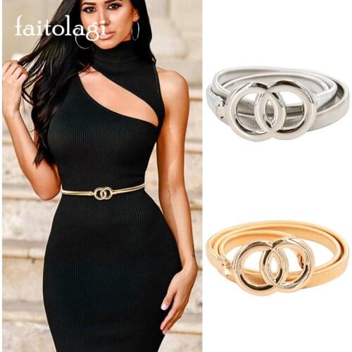 Double Rings Chain Waist Belt for Women Elastic Stretch Silver Gold Belt Metal Thin Ladies Dress Belt Waistband