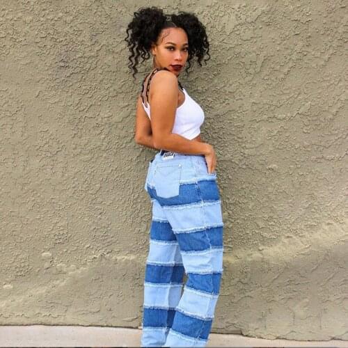 Color Block Straight Leg Jeans Pants High Waist Women Autumn 2020 Trousers With Pockets Patchwork Sexy Blue Denim Pants