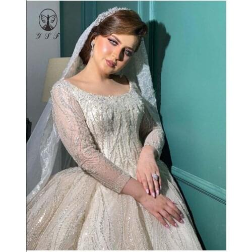 Luxury Vestidos De Novias Scoop Beaded Bling Bling Lace Long Sleeve Ball Gown Wedding Dresses