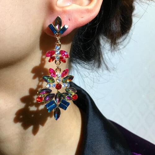 Flatfoosie Colorful Crystal Earrings For Women Girls Wedding Bride Jewelry Bohemian Geometric Statement Hanging Earrings Gifts