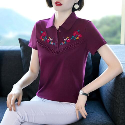 Pure Cotton Short-sleeved T-shirt Women 4XL Summer Embroidery Middle-aged Mother Casual Tops Lapel Sports POLO Shirt Y941