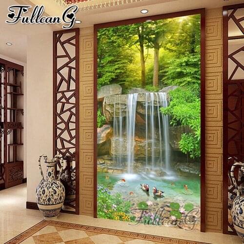 FULLCANG Bird waterfall scenery large 5d diamond painting diy full square round drill mosaic embroidery sale needlework FC2425