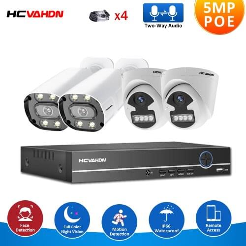 H.265 Video Surveillance POE IP Camera Kit Outdoor Waterproof Two-way Audio 5MP CCTV Camera Security System Set 4CH NVR Kit