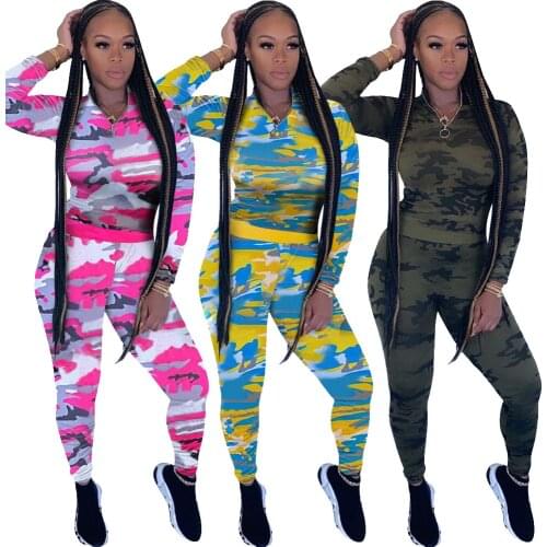 Echoine Women Camouflage Sport Two Piece Set Jacket Leggings Pants Jogger Sweatpants Suit Tracksuit Matching Set Fitness Outfits